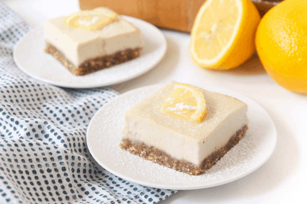 lemon bar squares with lemon slices on top