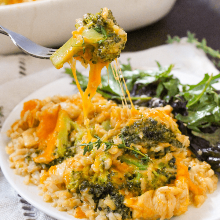 healthy chicken broccoli rice casserole on a plate