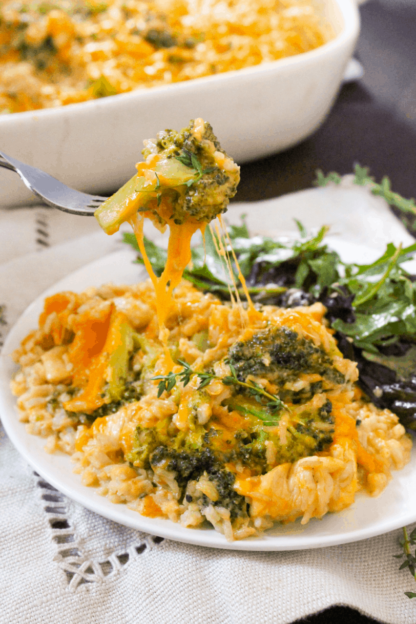 healthy chicken broccoli rice casserole on a plate