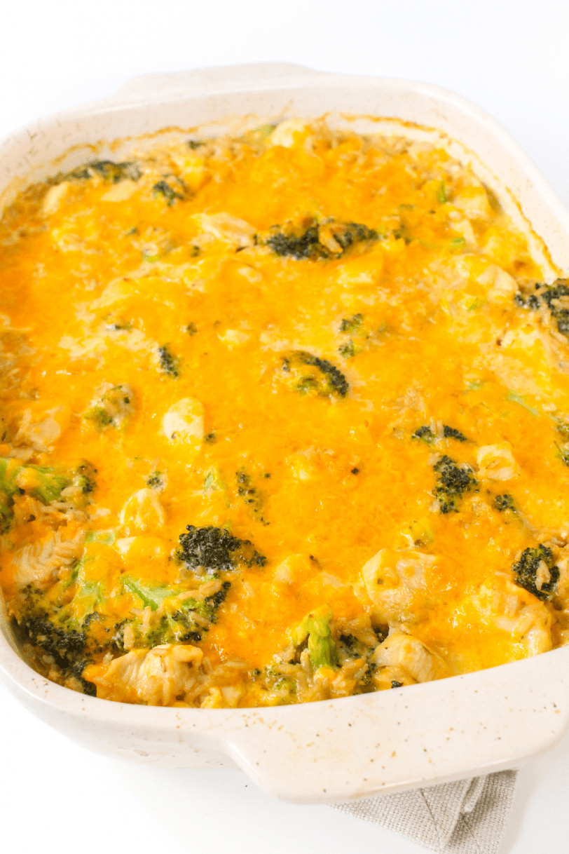 cheesy casserole in a baking dish