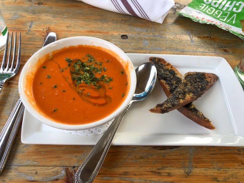 tomato soup with pesto toast from eveningstar cafe del ray