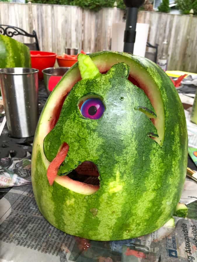 watermelon carved to look like a unicorn