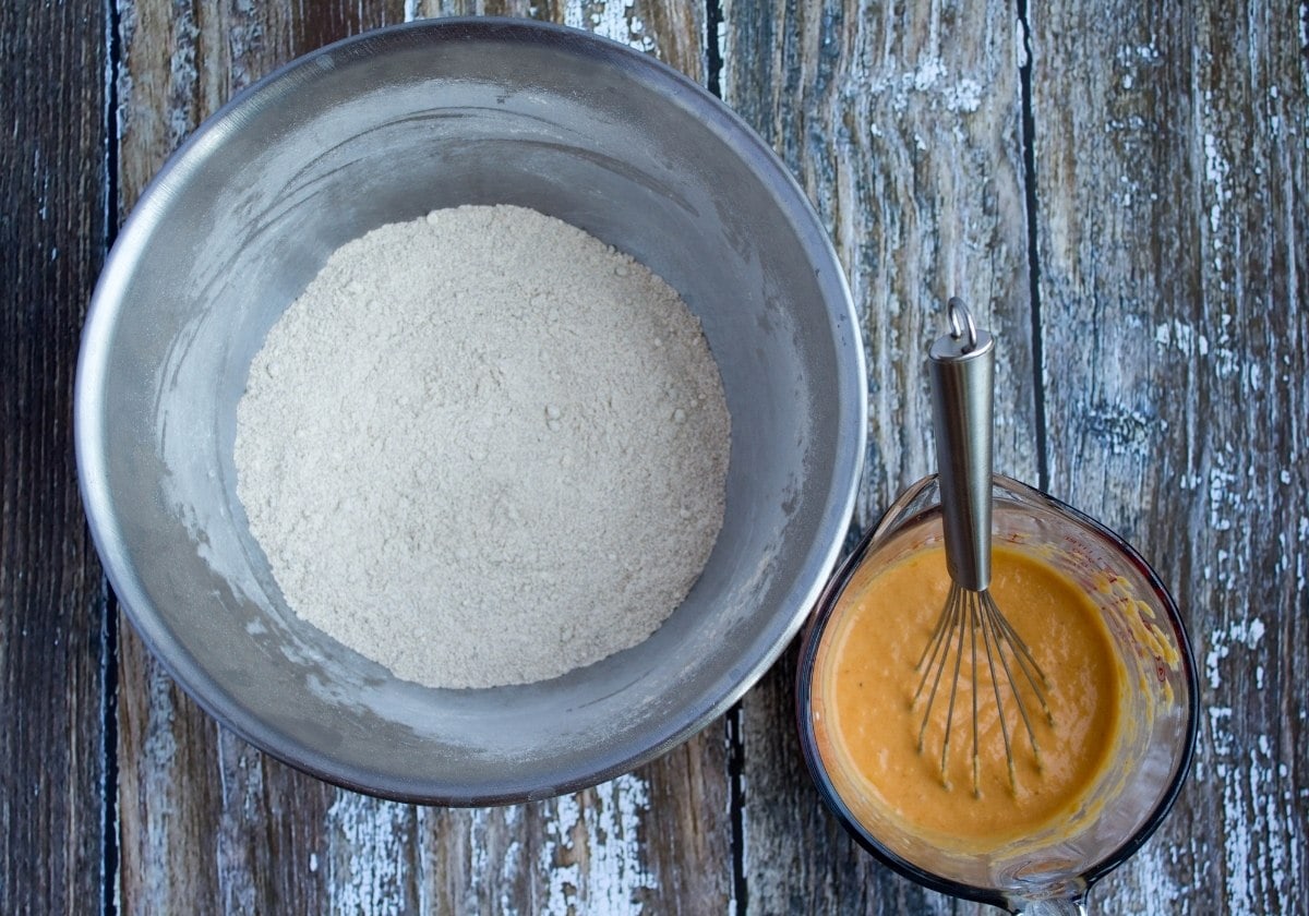 muffin dry ingredients in a mixing bowl and wet ingredients in a smaller glass bowl