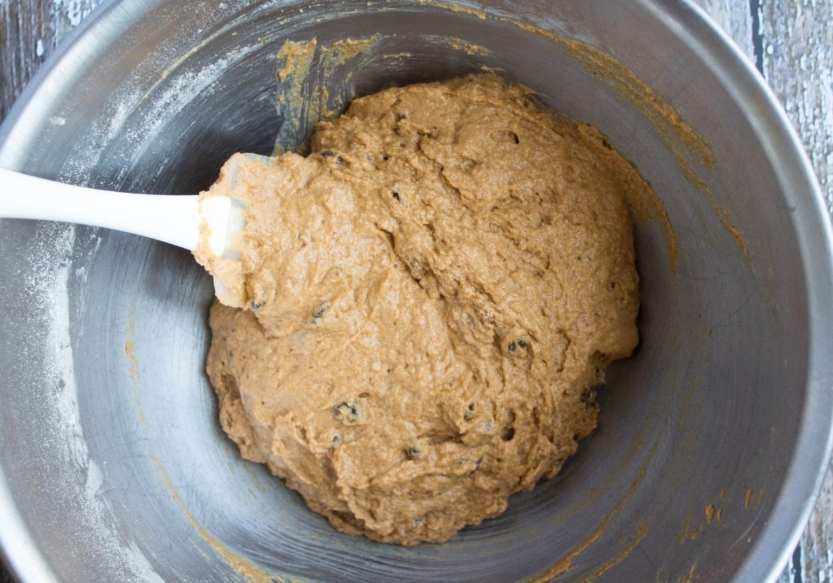 muffin batter in a metal bowl