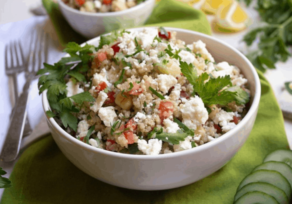 Mediterranean green tea quinoa salad