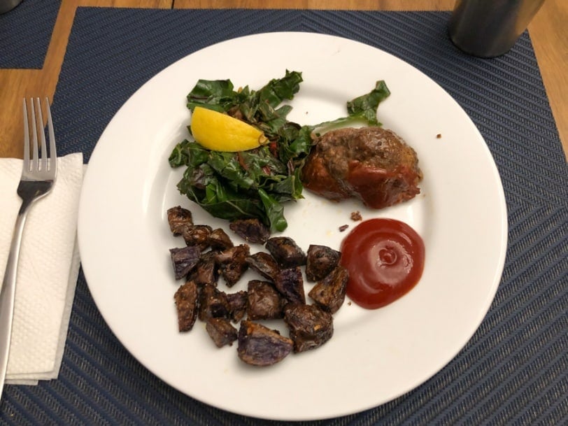 meatloaf with roasted purple potatoes and sauteed chard