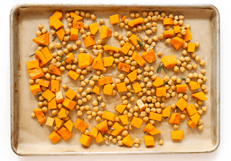 roasted butternut squash and chickpeas on a sheet pan