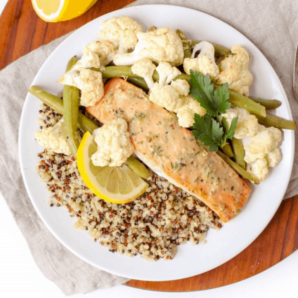 Lemon Dijon Sheet Pan Salmon Dinner food