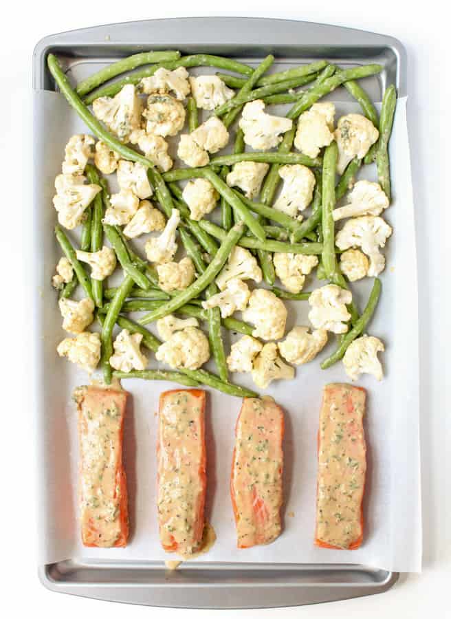 sheet pan lemon dijon salmon ready for oven