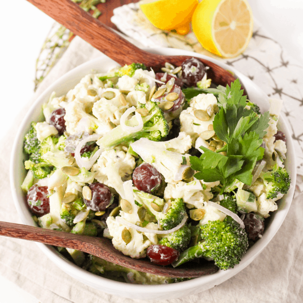 15Min Broccoli Cauliflower Salad with Yogurt Dressing (No Mayo)