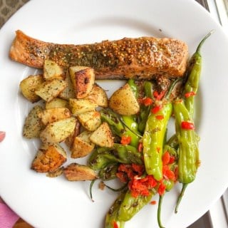 salmon with shishito peppers and roasted potatoes