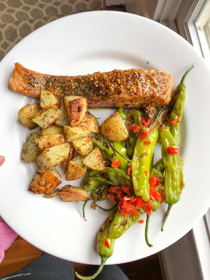 salmon with shishito peppers and roasted potatoes