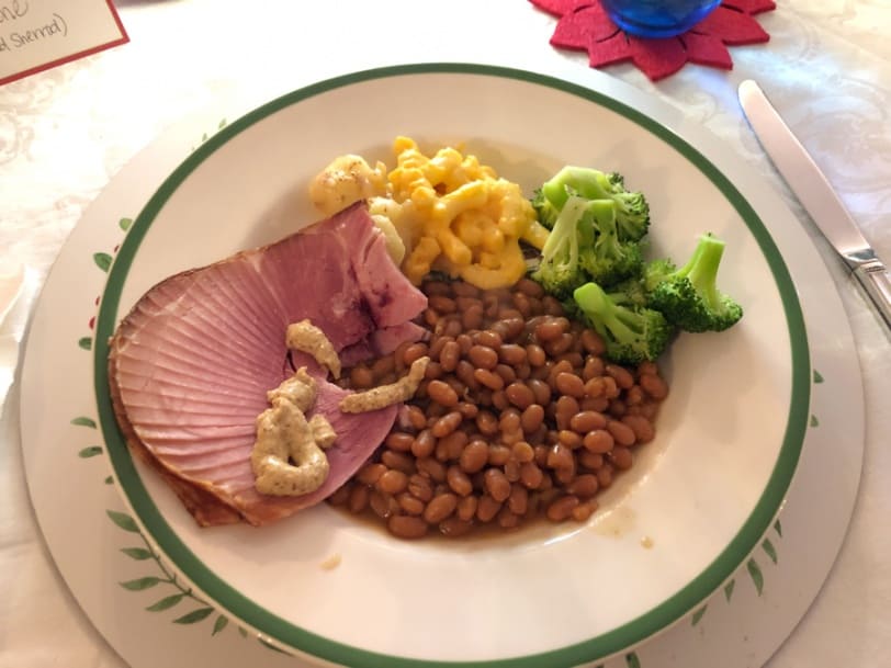 honey baked ham with baked beans, mac and cheese, broccoli