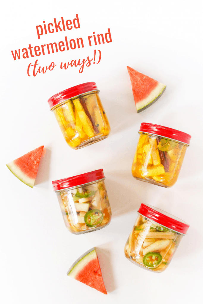 pickled watermelon rind two ways: spicy jalapeno and Indian-spiced