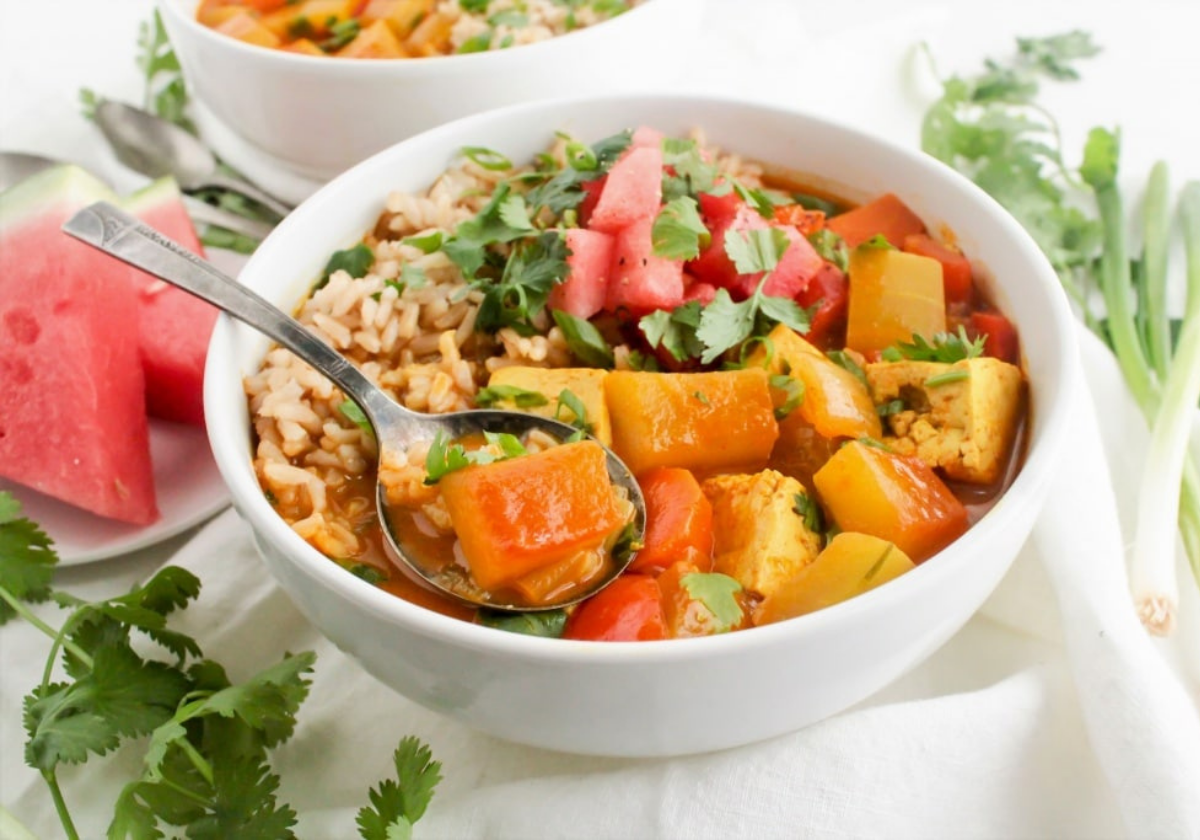 vegan tofu curry with watermelon rind in a bowl