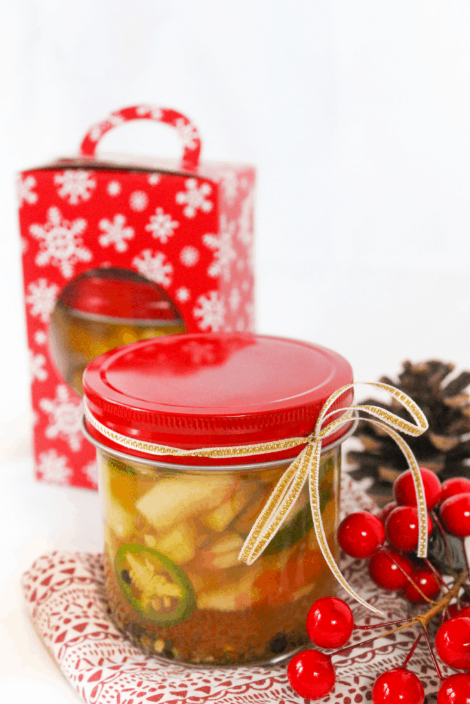 homemade holiday gift idea: pickled jalapenos and watermelon rinds in a jar