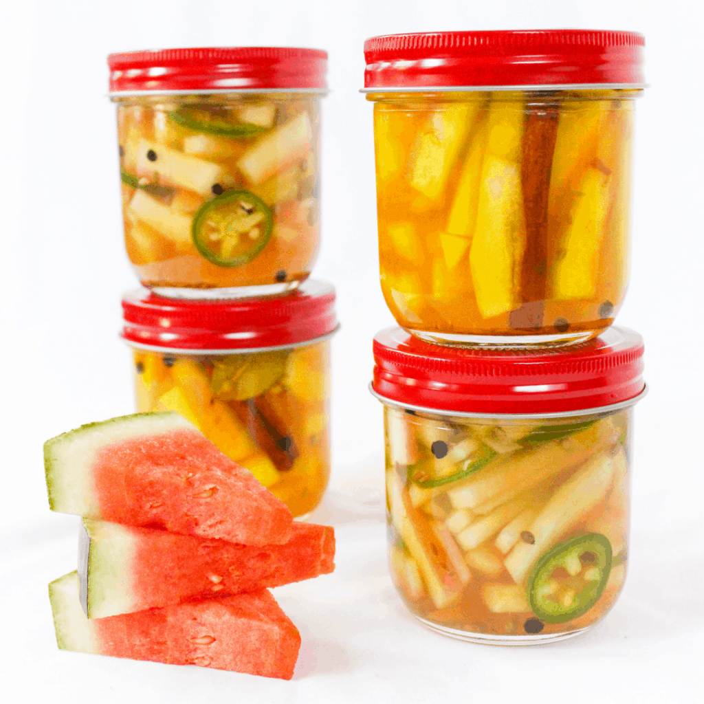 watermelon rind pickles in a jar