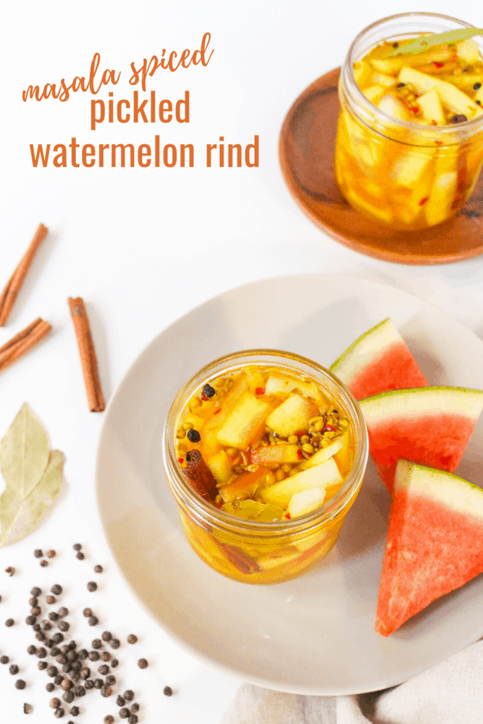 masala spiced pickled watermelon rinds in a jar