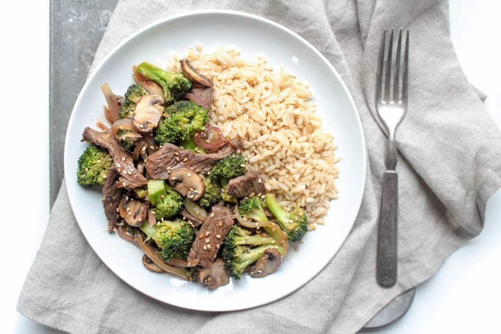 ginger beef stir fry with brown rice