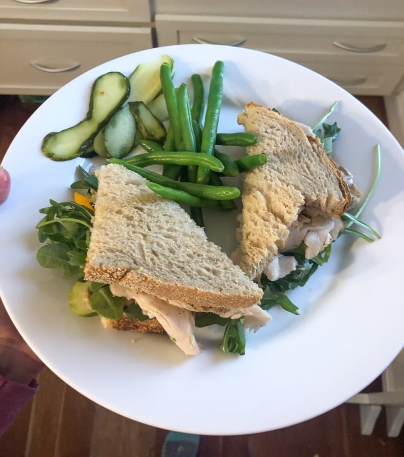 turkey sandwich with cheese, pickles, string beans
