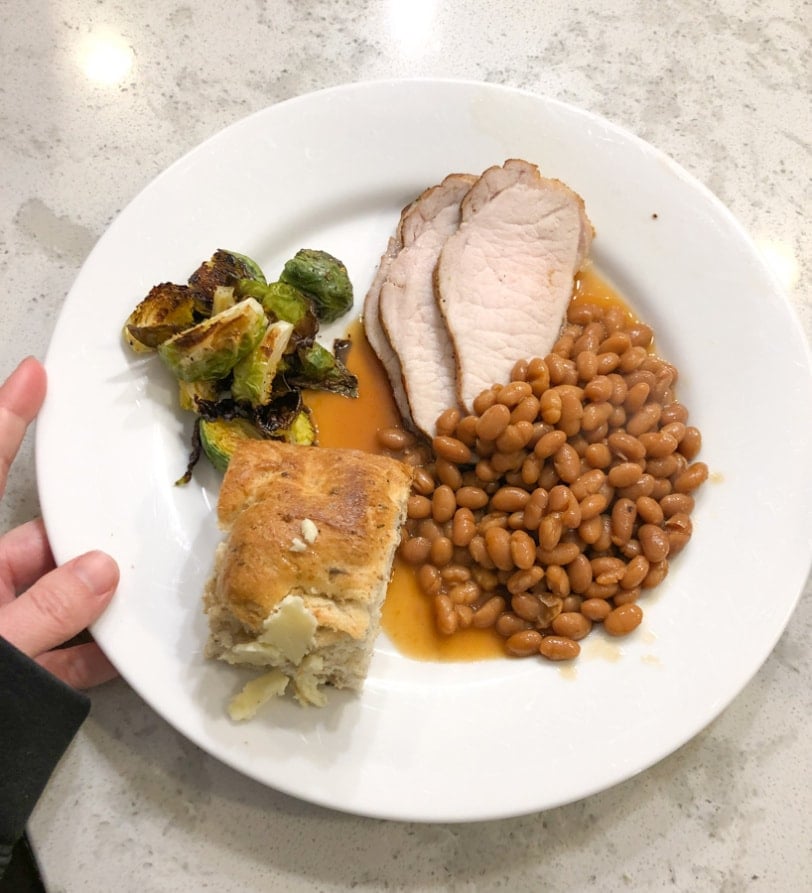 pork roast with brussels and baked beans