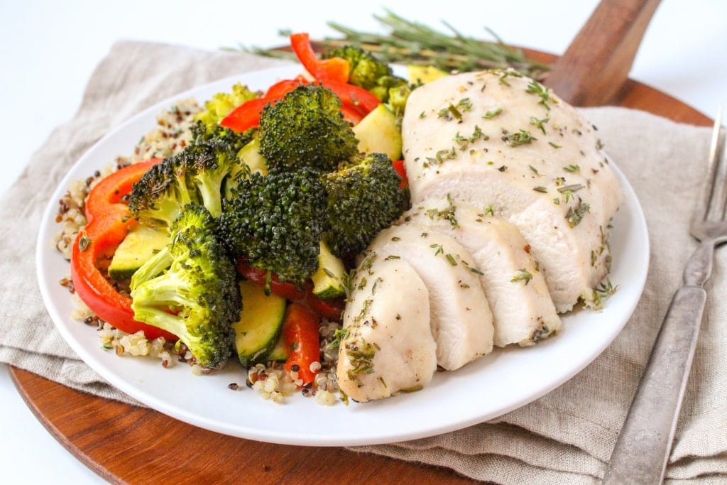 garlic herb sheet pan chicken with broccoli, zucchini, and bell peppers