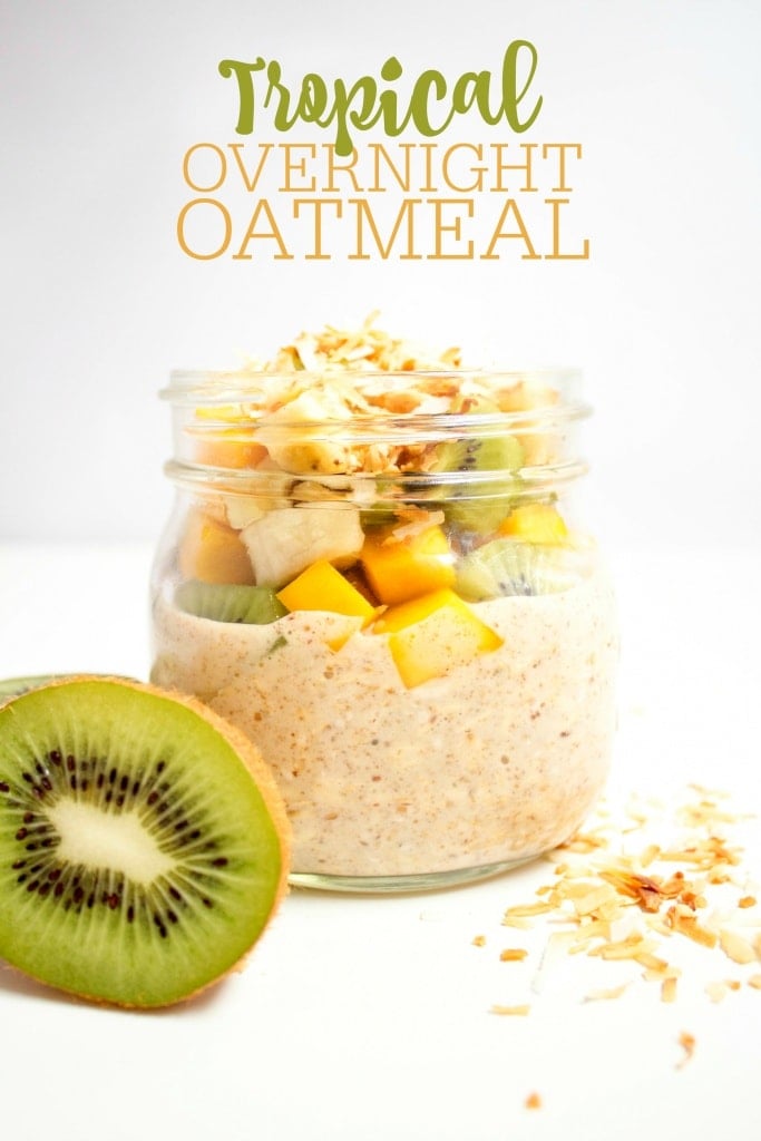 mango overnight oats with coconut and kiwi in a jar