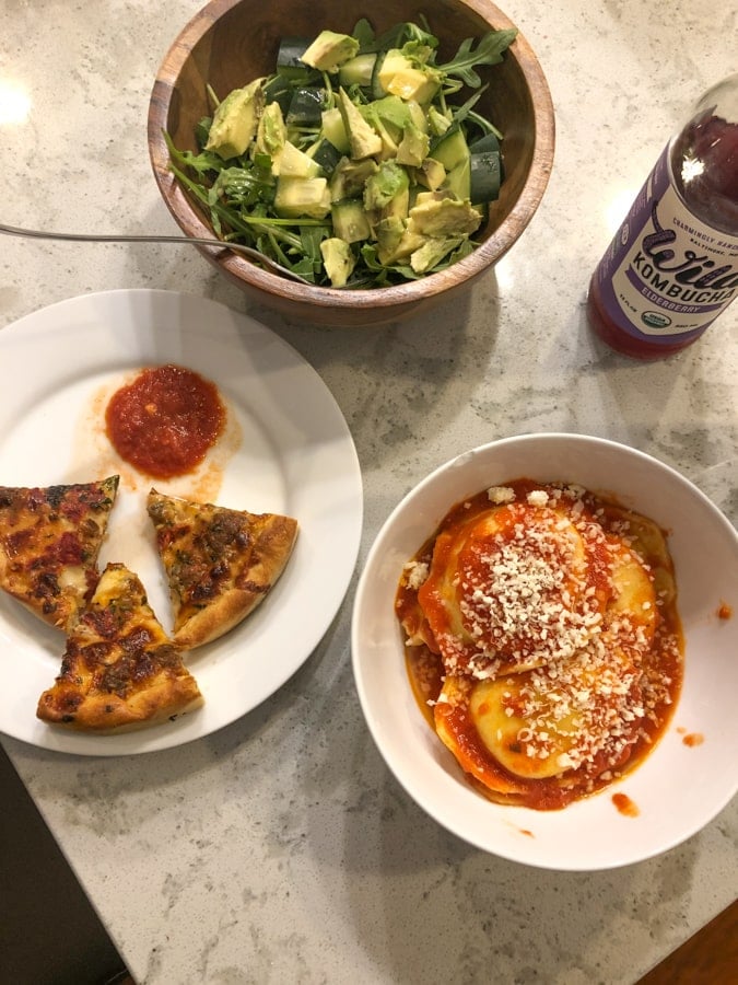 pizza and ravioli and salad