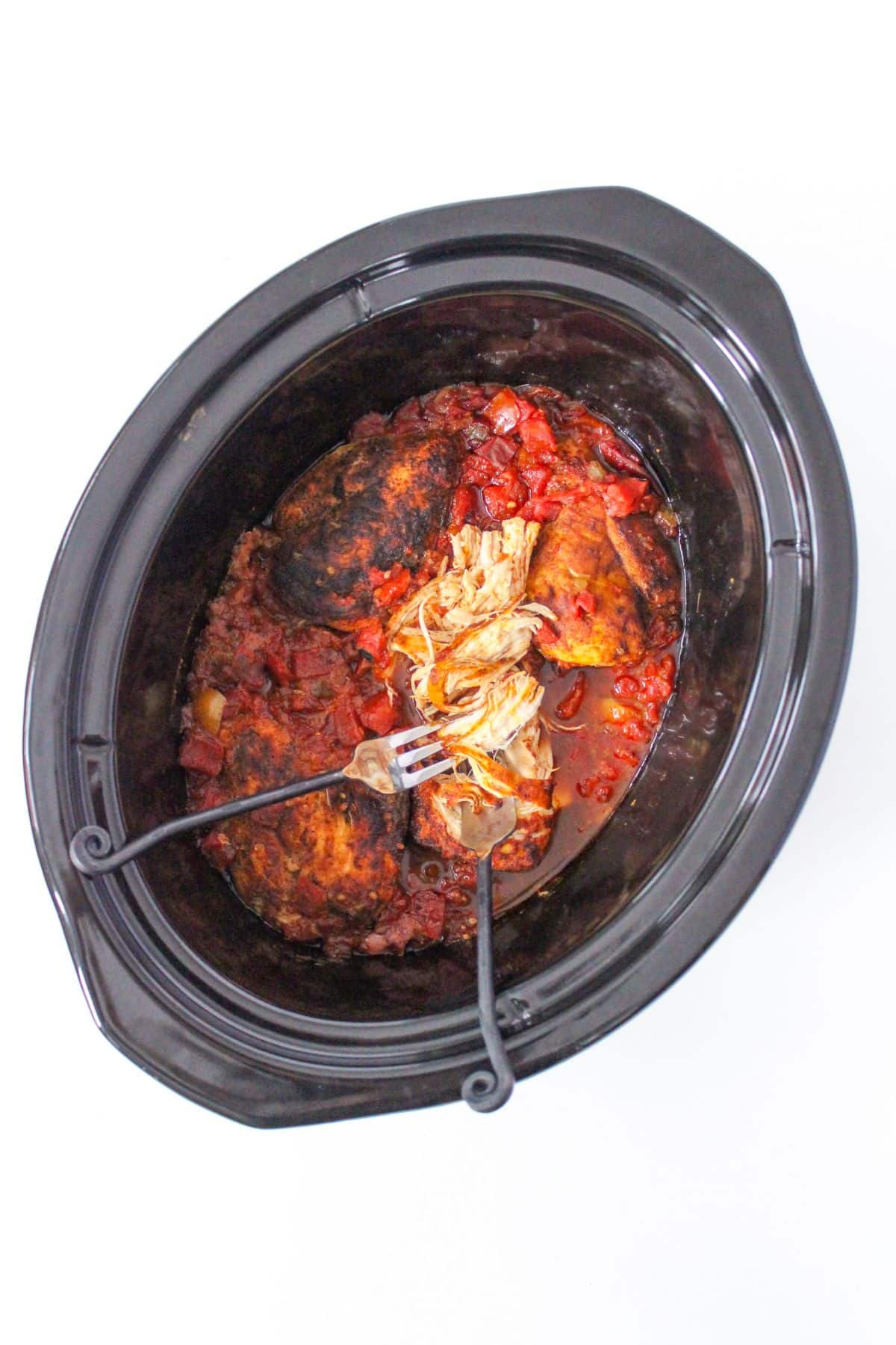 seasoned chicken breasts with diced tomatoes in a slow cooker insert with two forks