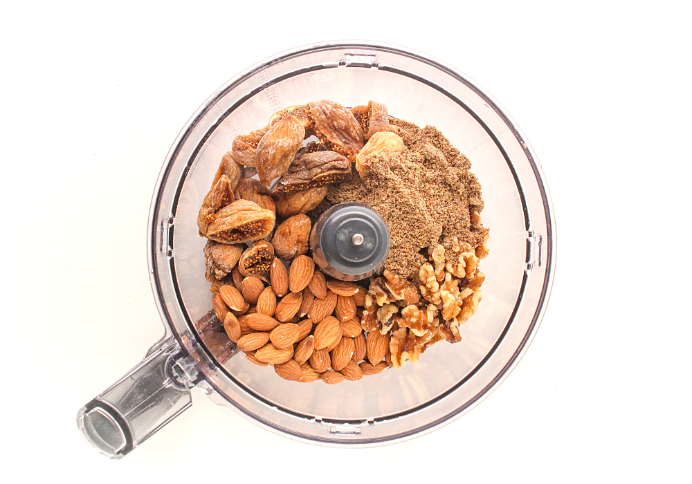 vanilla fig protein bites ingredients in a food processor