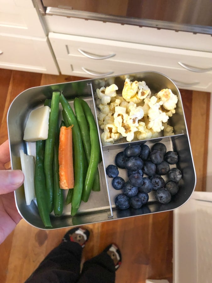 string beans and carrots, blueberries, popcorn
