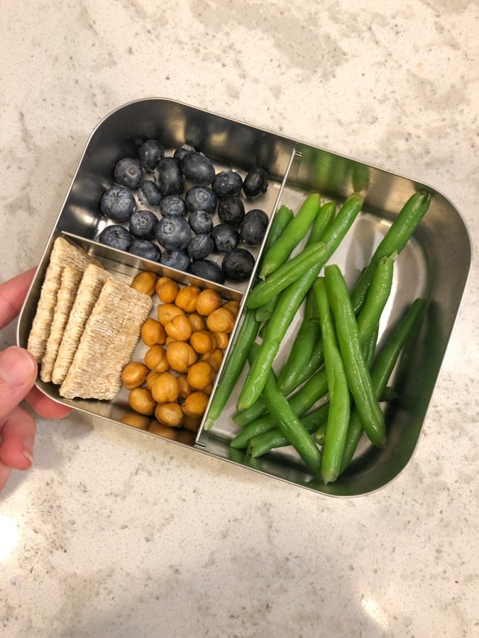 blueberries, string beans, crackers, dried chickpeas