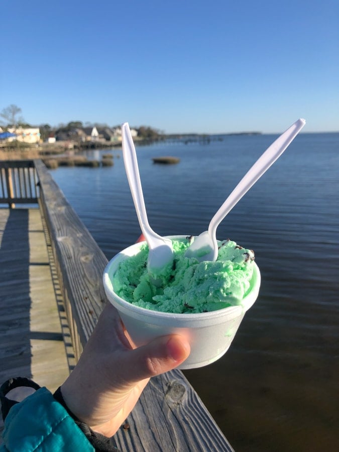 mint chocolate chip ice cream on the boardwalk in duck nc