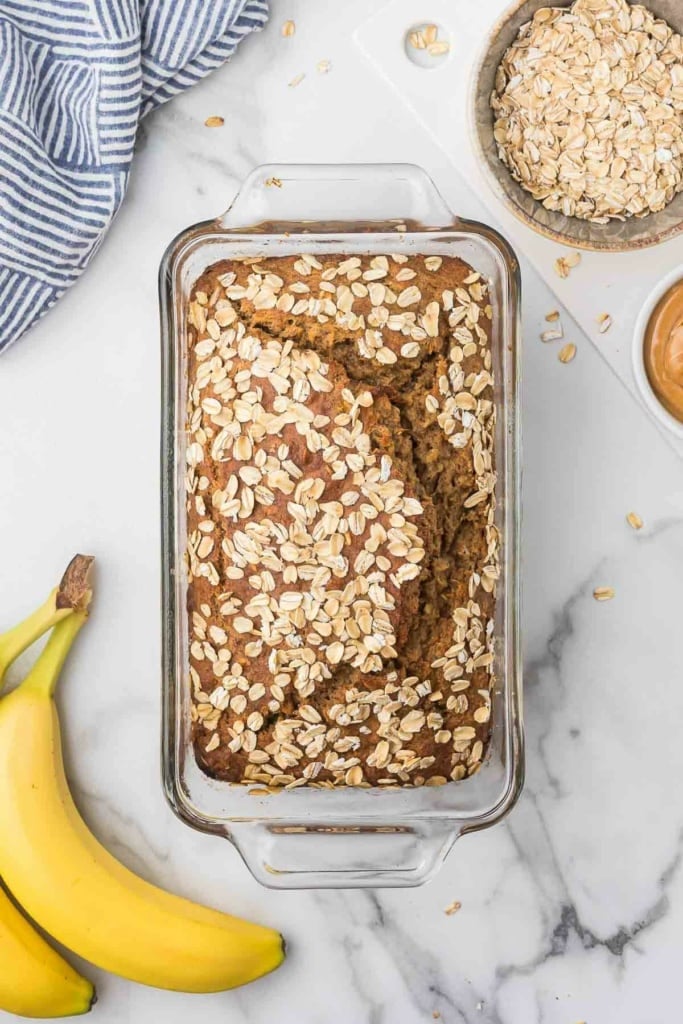 baked peanut butter banana bread in a loaf pan
