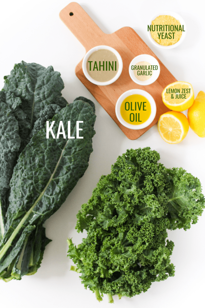 oven roasted kale chips ingredients: kale, lemon, tahini, olive oil, garlic, and nutritional yeast
