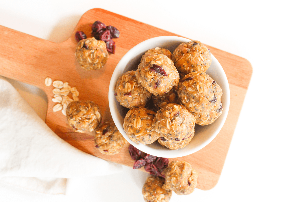 peanut butter oatmeal energy bites with chia seeds in a bowl