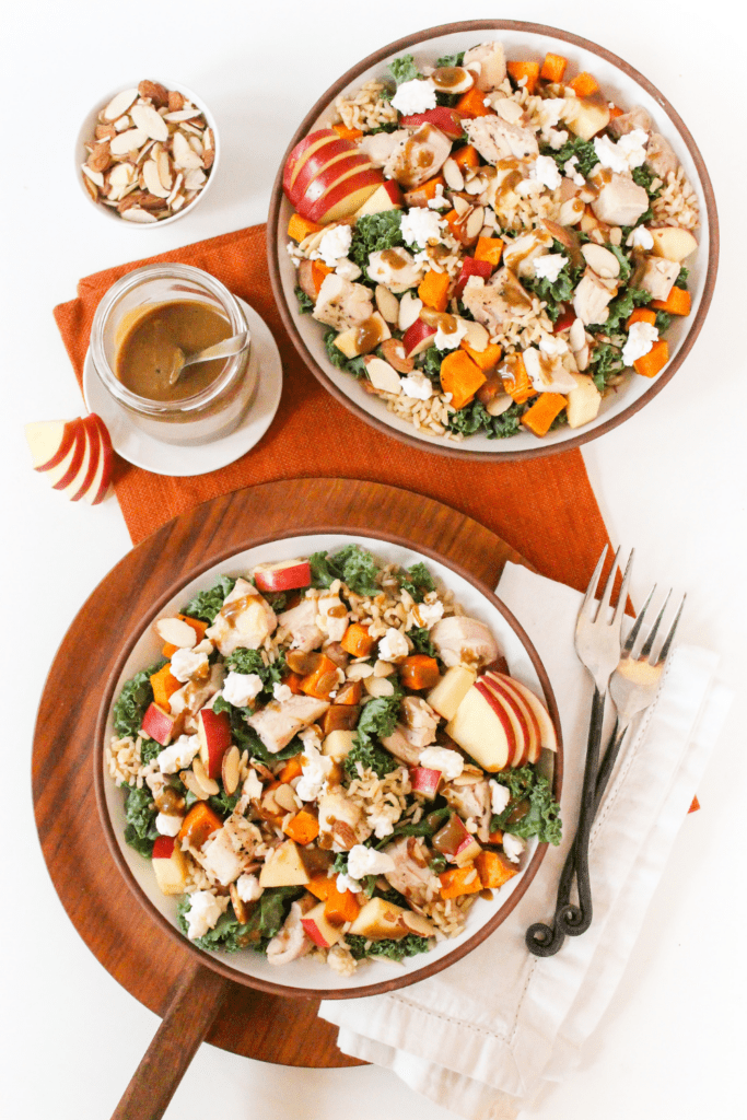 harvest bowls with vinaigrette in a jar