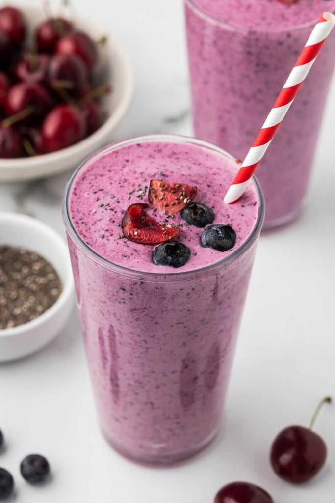 berry chia seed smoothie with yogurt in a glass