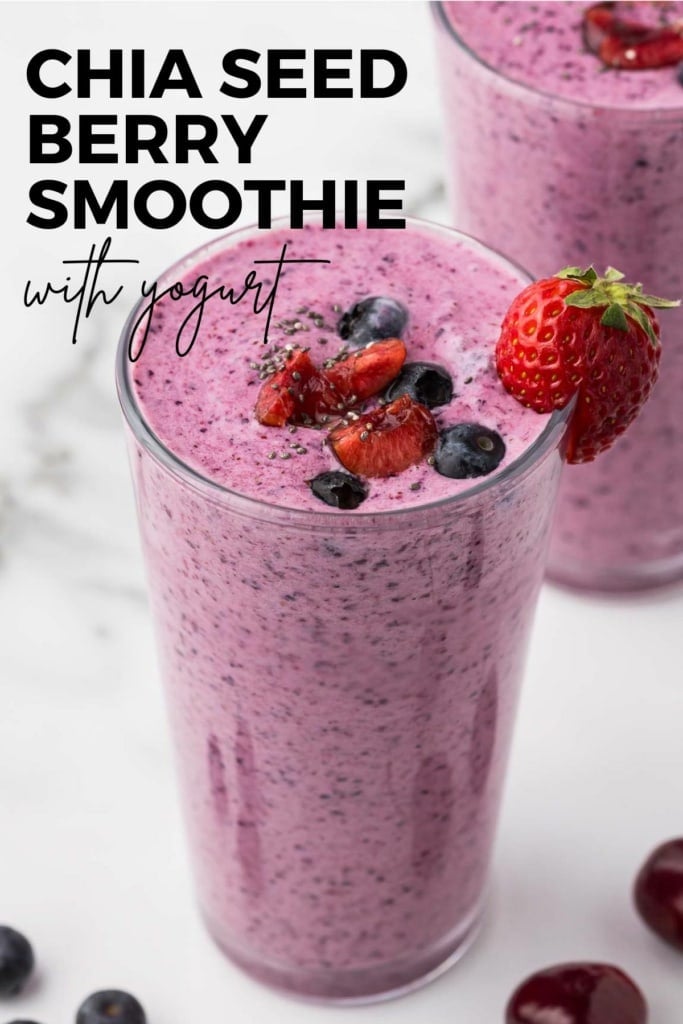 berry smoothie with yogurt and chia seeds in a tall glass