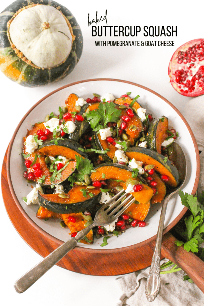 baked buttercup squash with goat cheese and pomegranate seeds