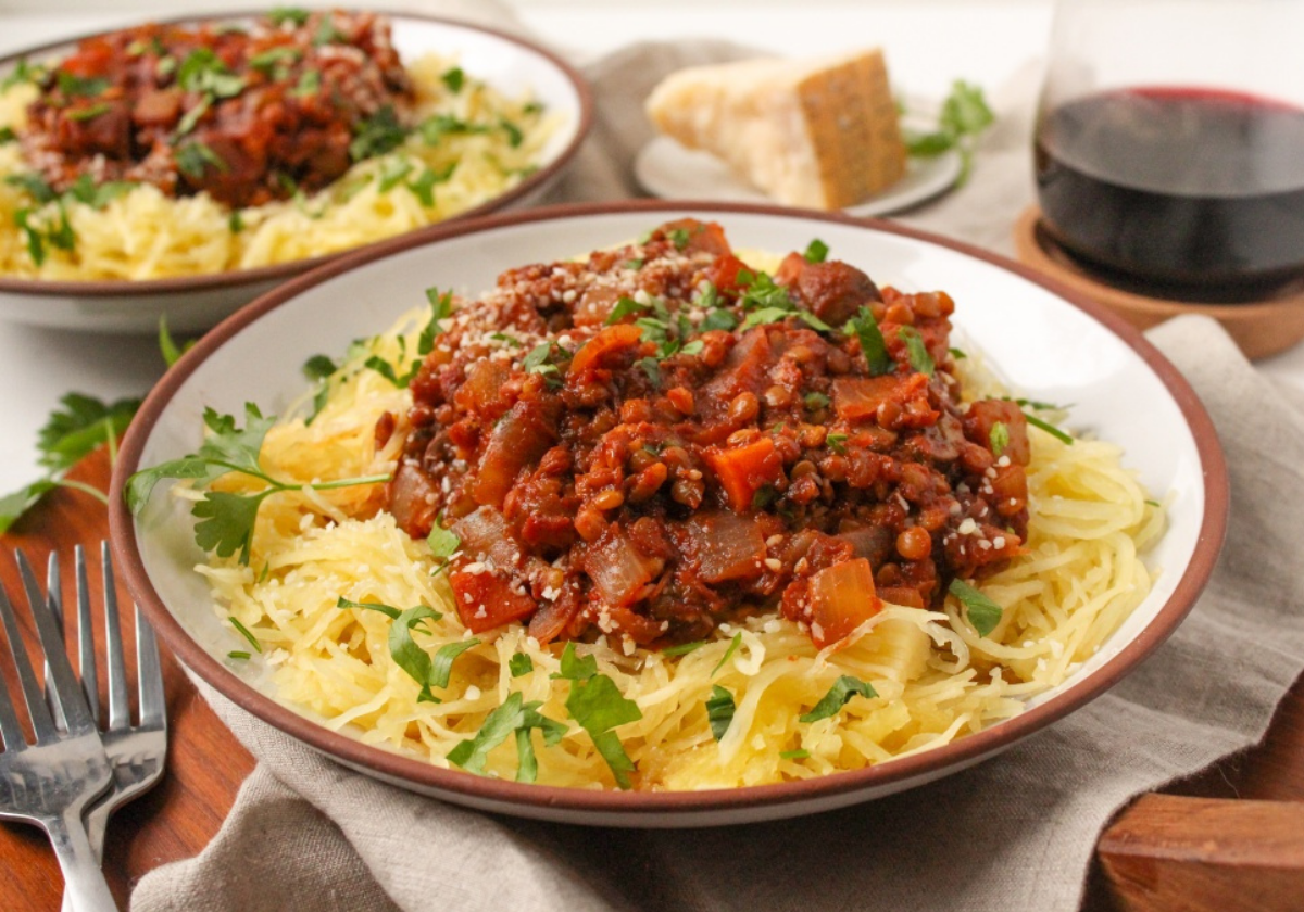 Instant Pot spaghetti squash with lentil bolognese