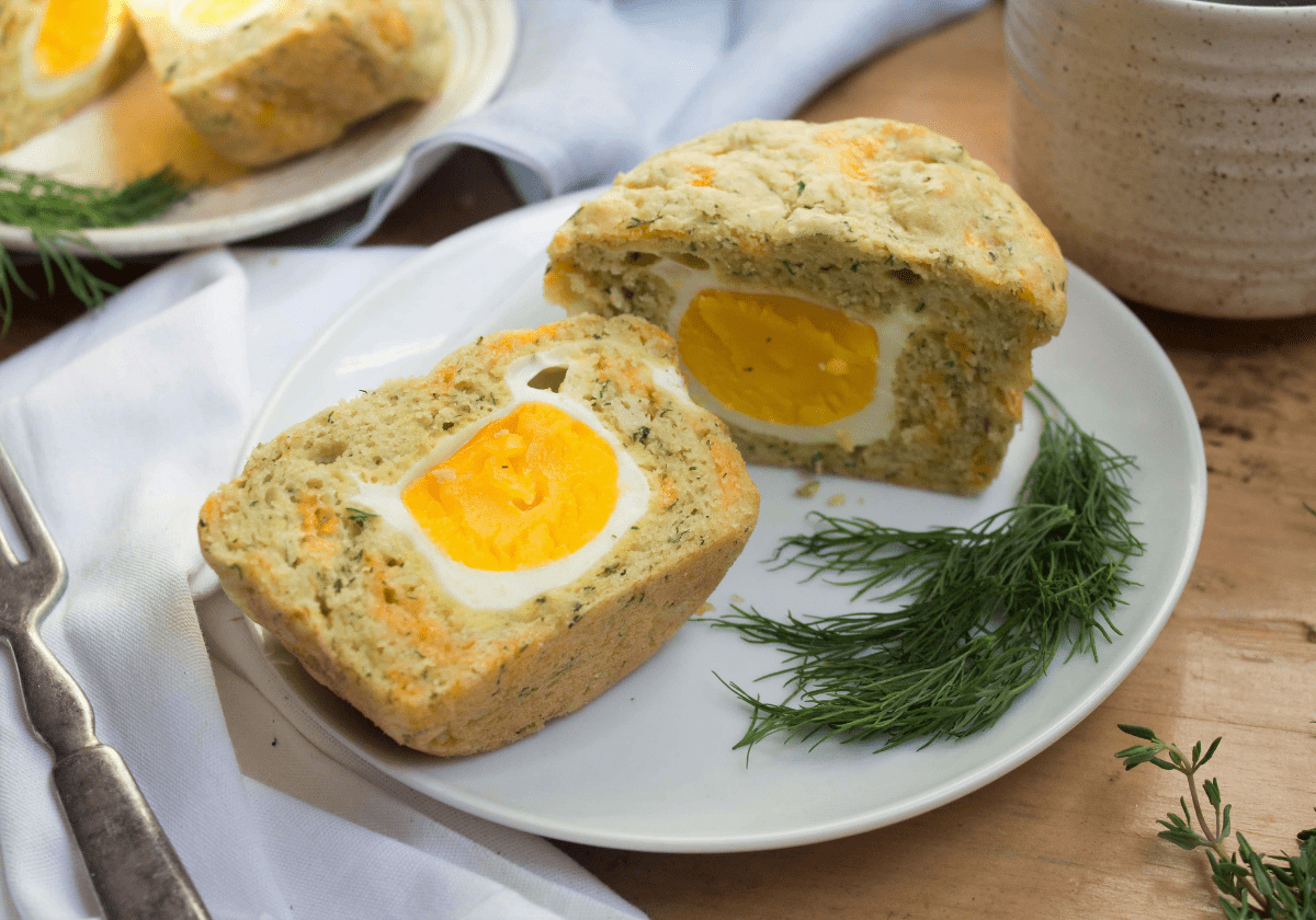 gluten free hard boiled egg muffins cut in half on a plate