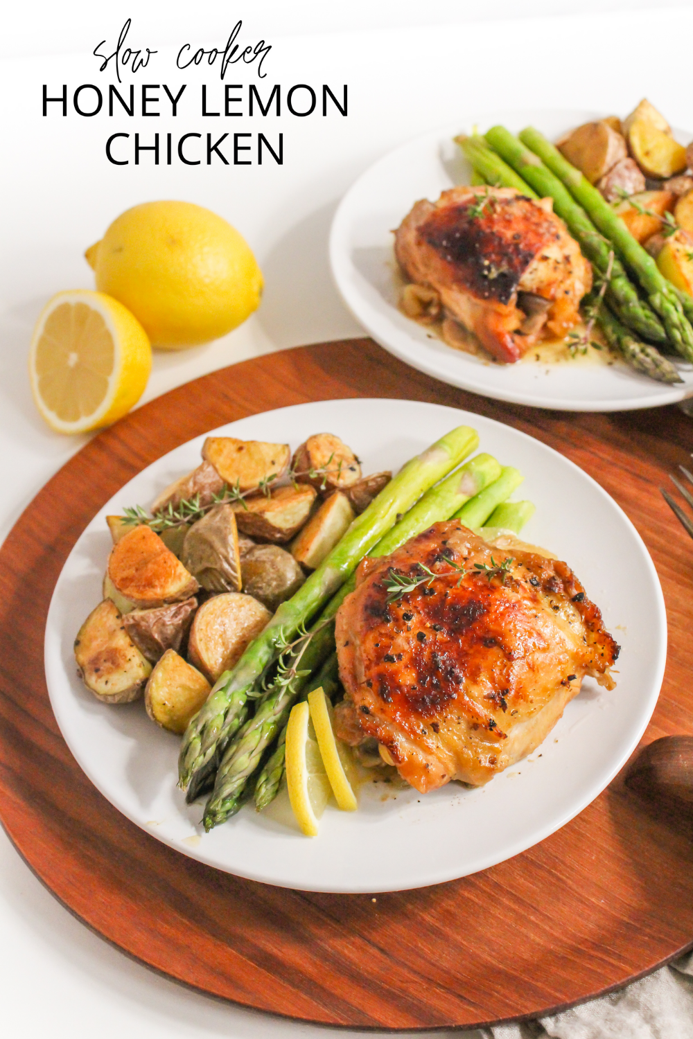 crockpot honey lemon chicken served with potatoes and asparagus