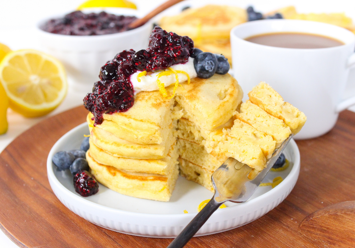 lemon ricotta pancakes with blueberry chia jam