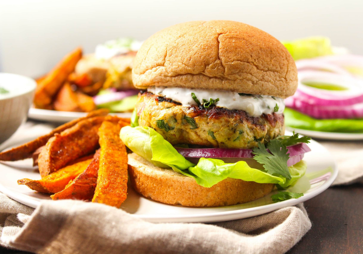 curry turkey burgers with a side of sweet potato fries