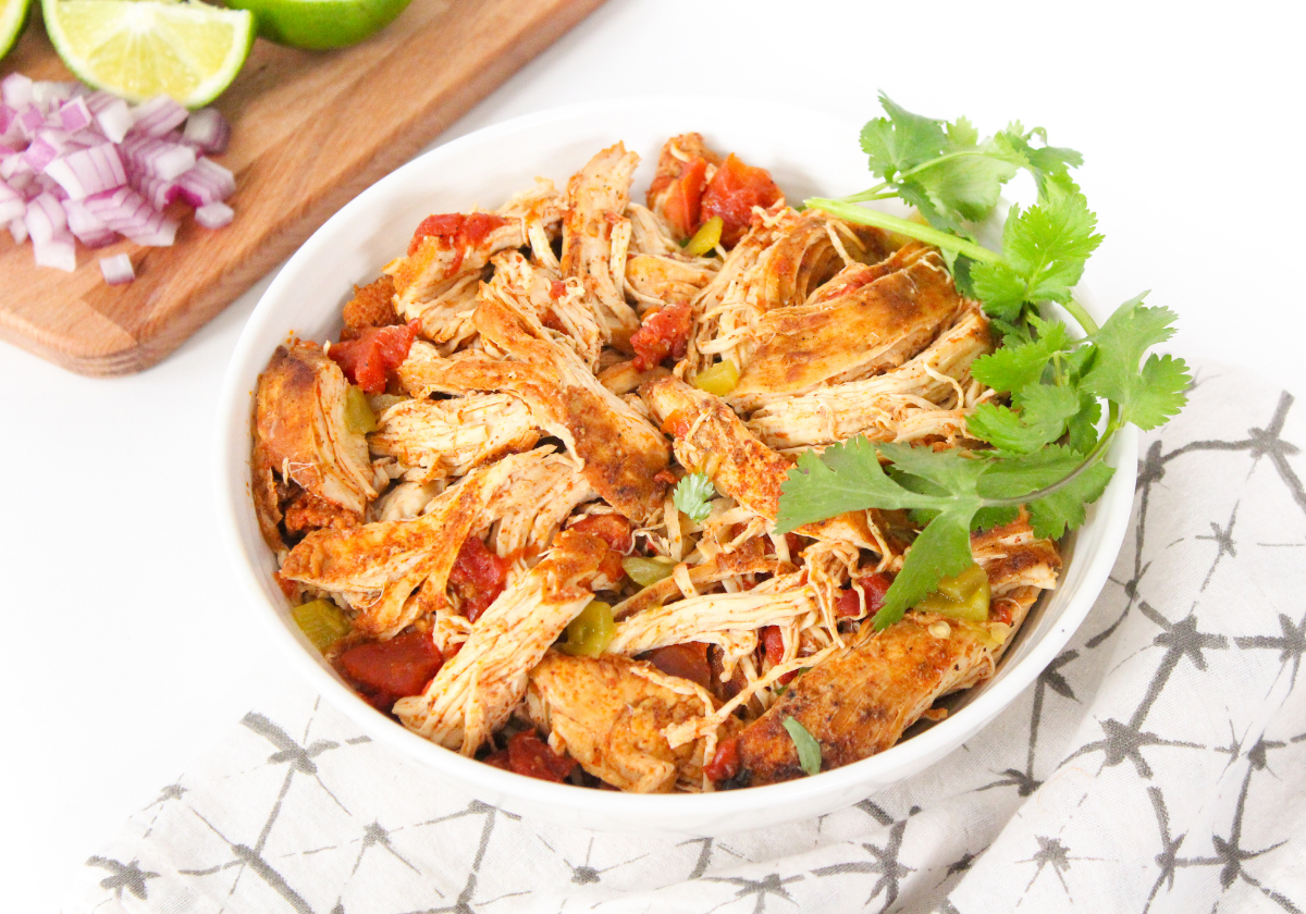 crockpot Mexican shredded chicken in a bowl