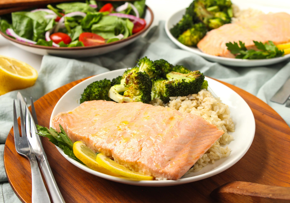 easy baked salmon with rice and roasted broccoli