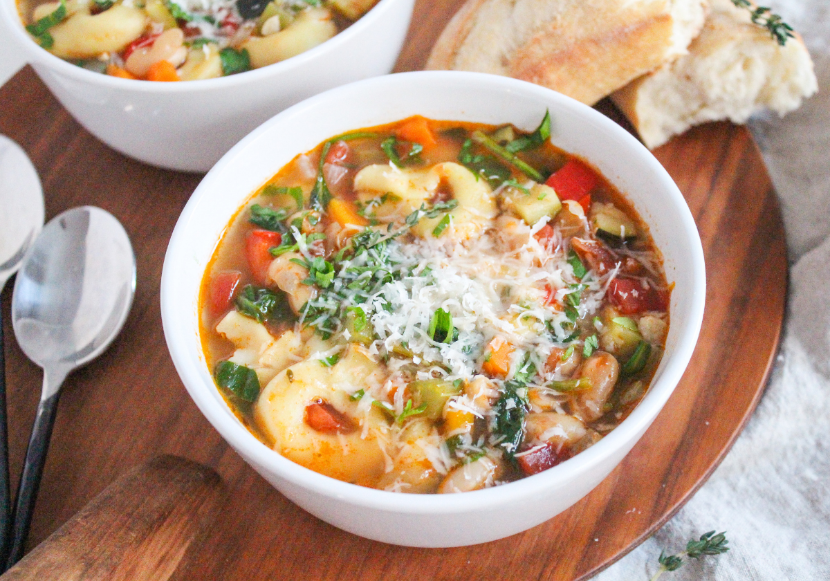 vegetarian tortellini soup with parmesan