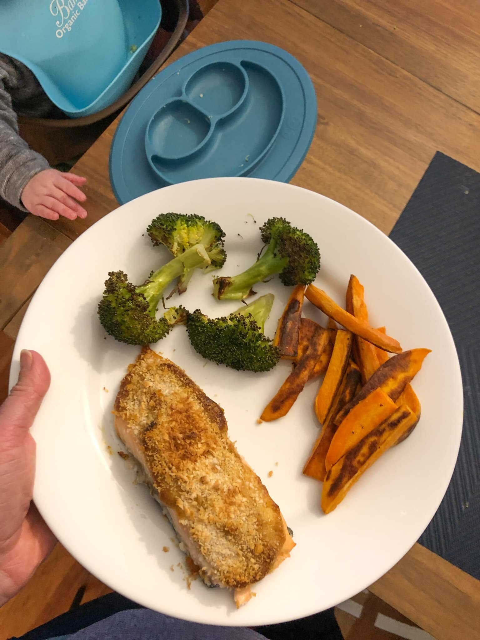 blue apron curry salmon with roasted broccoli and sweet potatoes