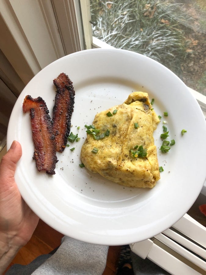 goat cheese and mushroom omelette with bacon